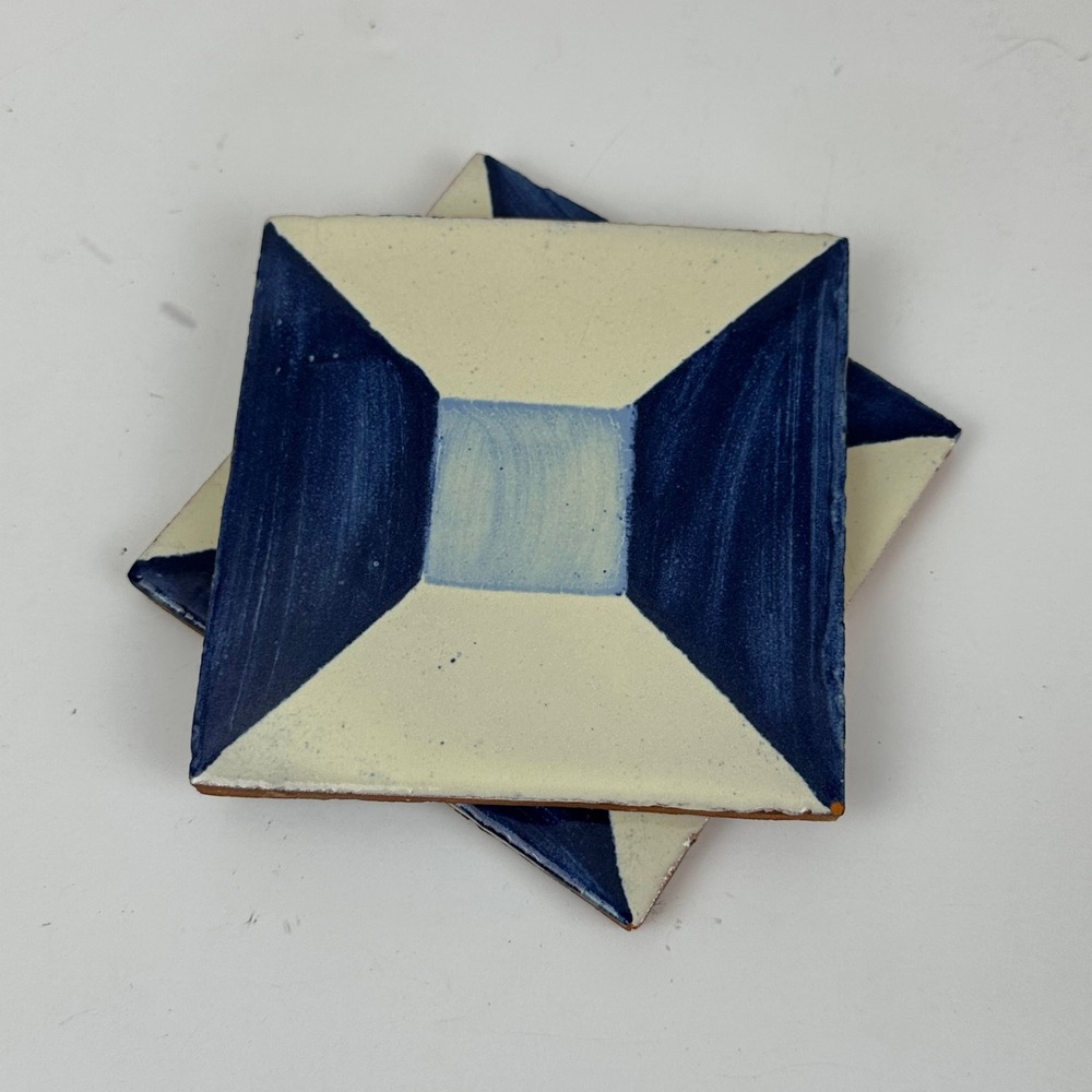 Vintage Hand Painted Ceramic Tile Coasters Set of 2 Blue White Geometric MCM Art